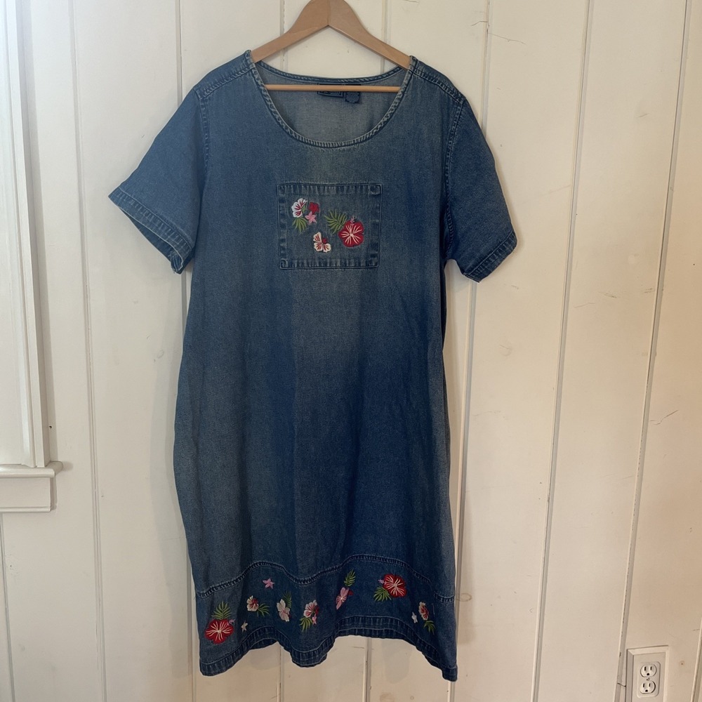 Vtg Jane Ashley Plus 3X Denim Maxi Dress Embroidered Flowers Short Sleeve 3XL